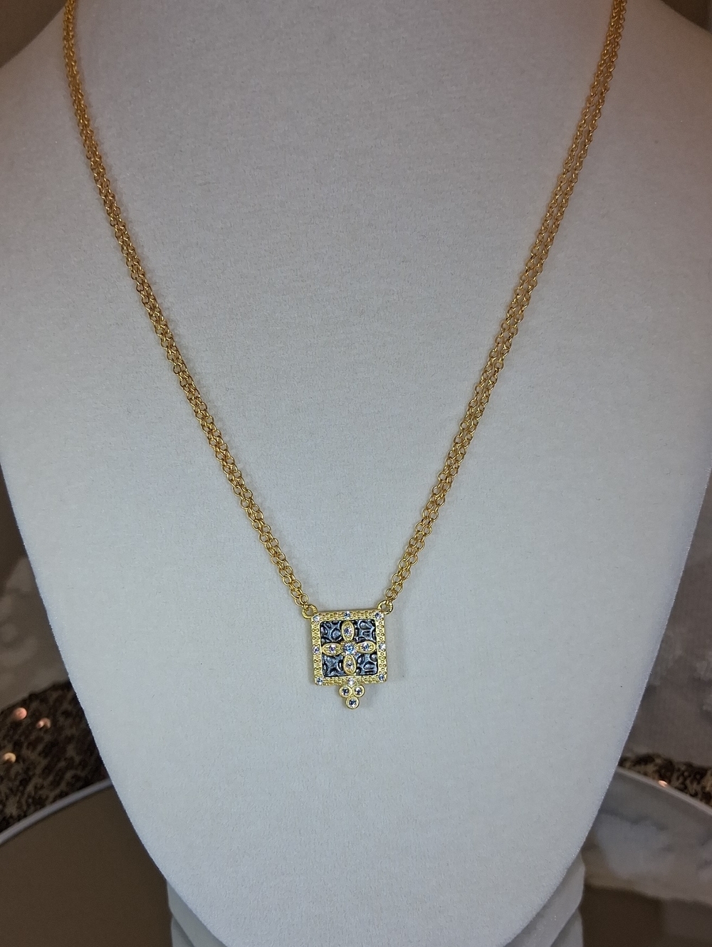 Sterling Silver, Black Rhodium and 14kt. Matte Gold Double Strand Necklace 18"